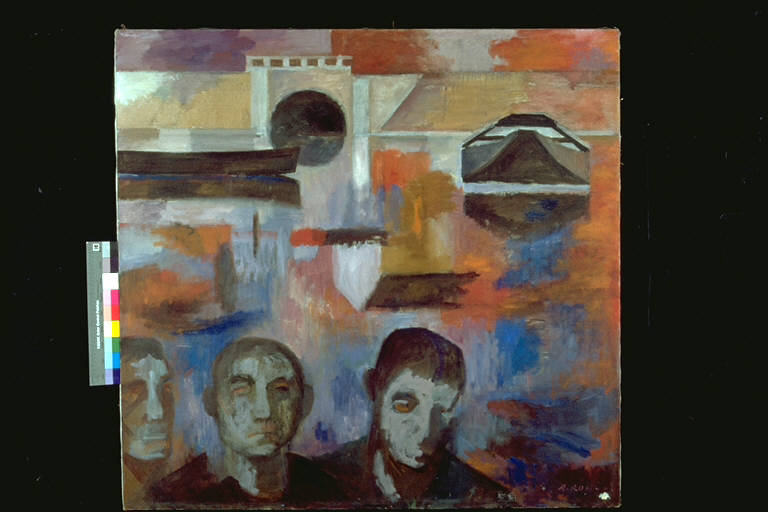 Barcaioli alla darsena, Tre teste maschili in primo piano , con dietro una veduta fluviale (dipinto) di Rossi, Attilio (terzo quarto sec. XX)