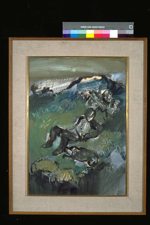 Pastore gallurese, Figura distesa, con accanto un cane, in un paesaggio collinare (dipinto) di Scanu, Sergio (terzo quarto sec. XX)