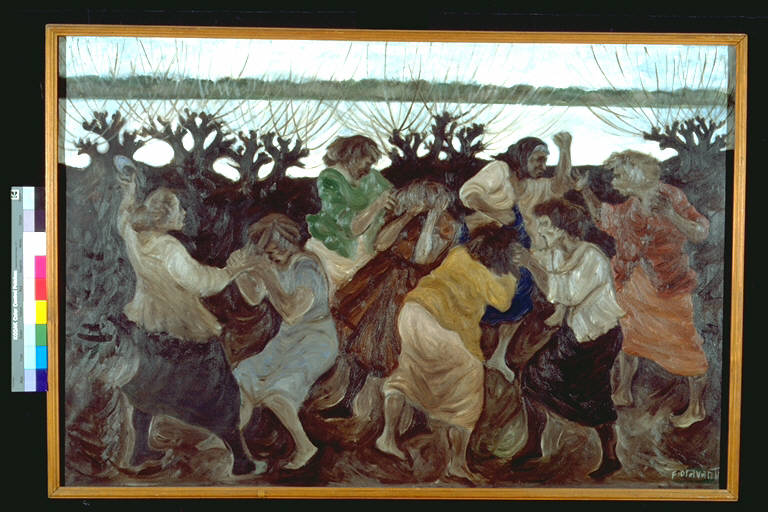 Le crumire del Po, Donne che si accapigliano sulla sponda di un fiume (dipinto) di Fioravanti, Ervardo (terzo quarto sec. XX)