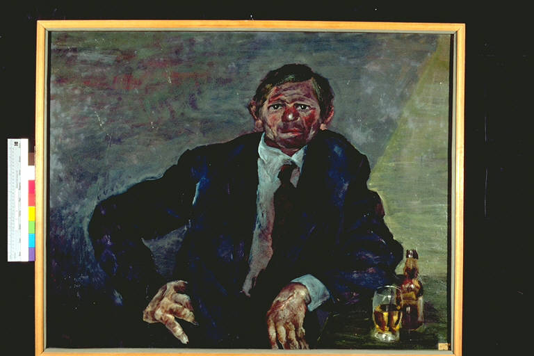 Ritratto di paesano, Figura maschile a mezzobusto seduta ad un tavolo (dipinto) di Lombardi, Manfredi (terzo quarto sec. XX)