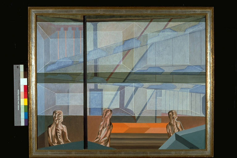 Civiltà delle macchine, Tre manichini seduti in un ufficio, in un contesto di costruzioni (dipinto) di Rossello, Mario (terzo quarto sec. XX)