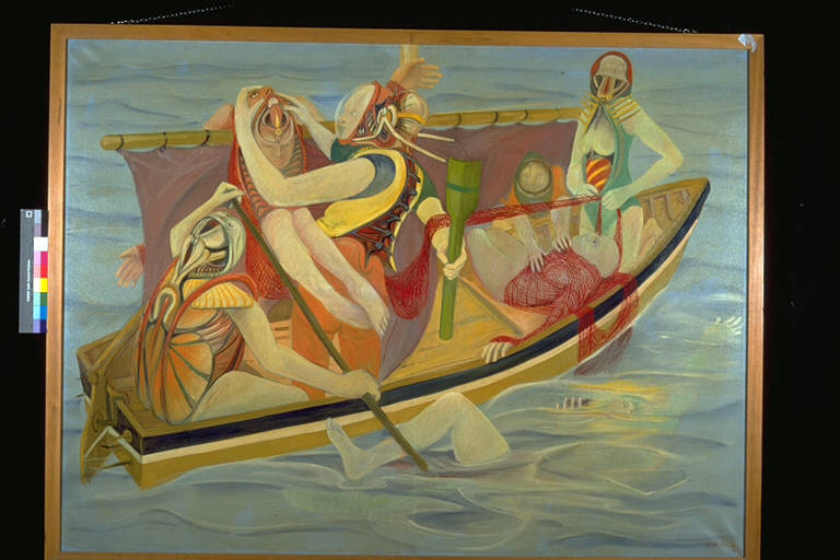 La barca del pescatore catturato, Figure metà umane e metà pesce su una barca (dipinto) di Landini, Giuseppe (terzo quarto sec. XX)