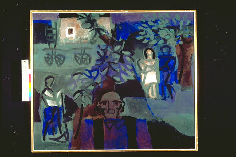 Il vecchio e le colline, Persone con, sullo sfondo, una casa ed un carro, in ambientazione campestre (dipinto) di Altieri, Sergio (terzo quarto sec. XX)