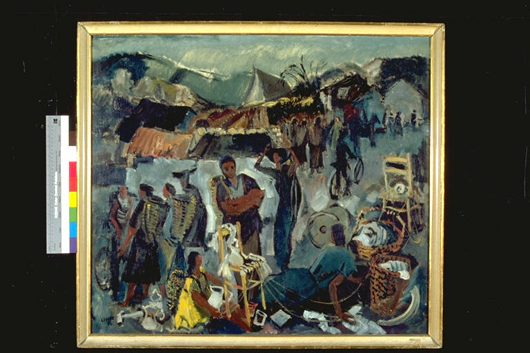 Carnia, Su uno sfondo montuoso, diversi personaggi intenti a varie attività (dipinto) di Liusso, Giuseppe, (Bepi) (terzo quarto sec. XX)