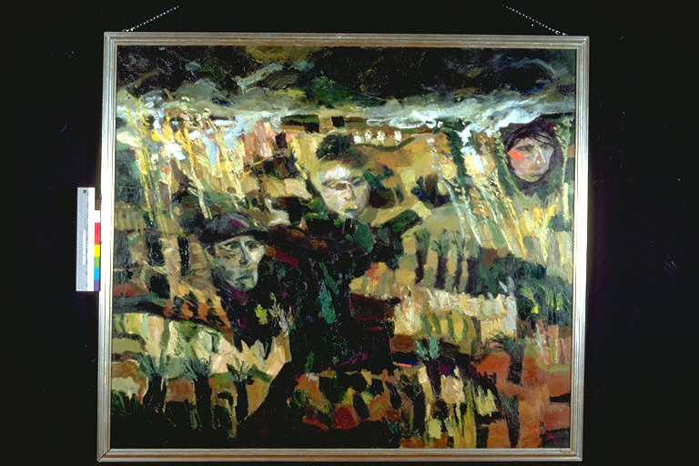 Campagna dei miei contadini, Paesaggio campestre con tre volti (dipinto) di Maffi, Ugo (terzo quarto sec. XX)