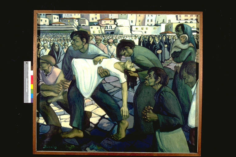 Chiedevano lavoro - no morte, Alcune figure in primo piano sorreggono un cadavere femminile; in secondo pinano, folla di dimostranti (dipinto) di Scivales, Armando (terzo quarto sec. XX)