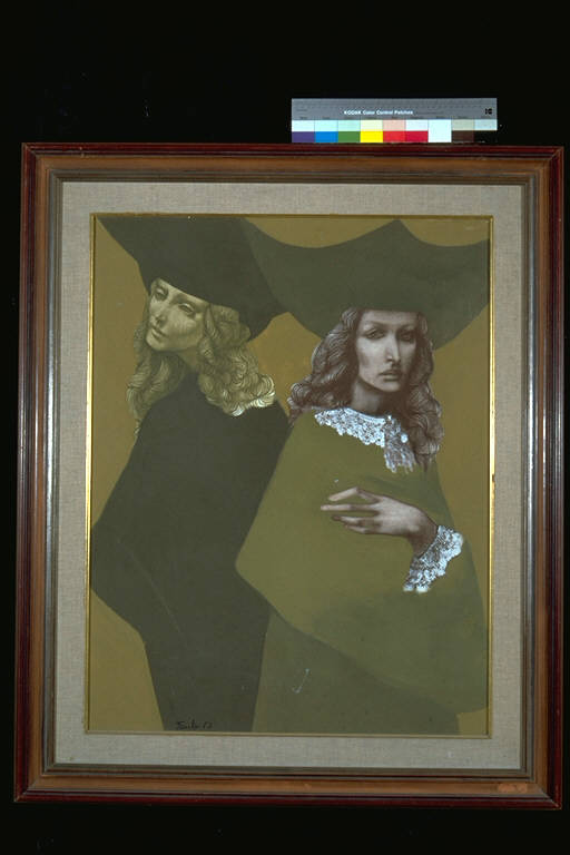 Le modelle, Due figure femminili con larghi cappelli e mantelli (dipinto) di Tauber, Riccardo (terzo quarto sec. XX)