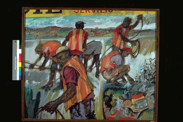 Uomini delle autostrade, Operai al lavoro su una strada (dipinto) di Faini, Umberto (terzo quarto sec. XX)