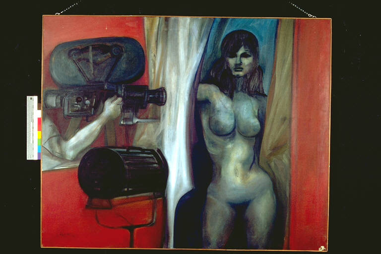 Cover girl, Modella nuda ripresa da una telecamera (dipinto) di Lezoche, Claudio (terzo quarto sec. XX)