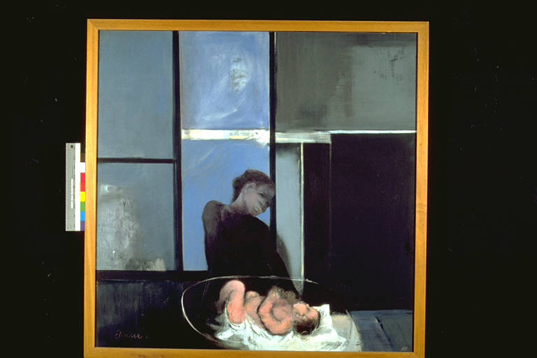 Maternità, Madre che guarda il figlio nella culla (dipinto) di Ettorre, Omero (terzo quarto sec. XX)