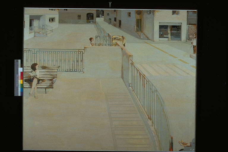 Pomeriggio emiliano, Veduta di una via cittadina (dipinto) di Zapparoli, Rino (terzo quarto sec. XX)