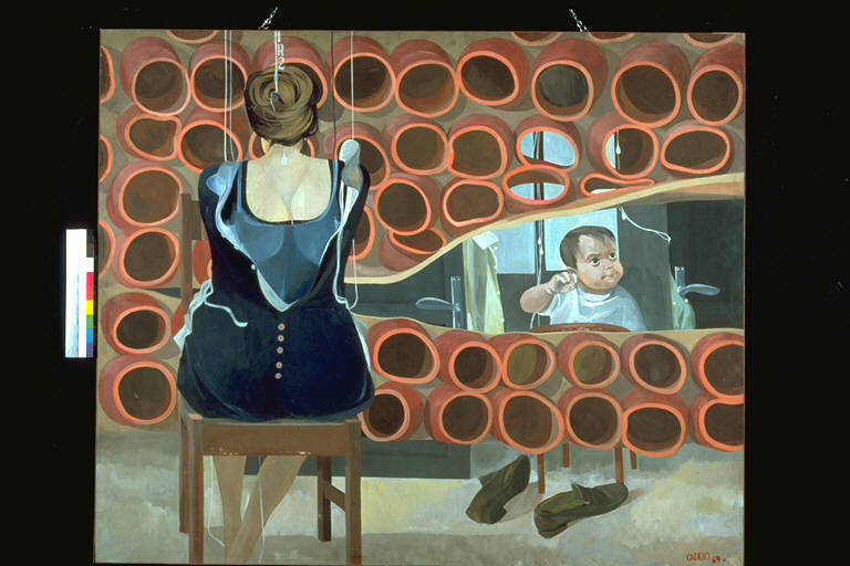 Dopo lavoro libertà e alienazione, Figura femminile seduta davanti ad una immaginifica struttura ad alveare A destra, un bambino (dipinto) di Cadelo, Silvio (terzo quarto sec. XX)