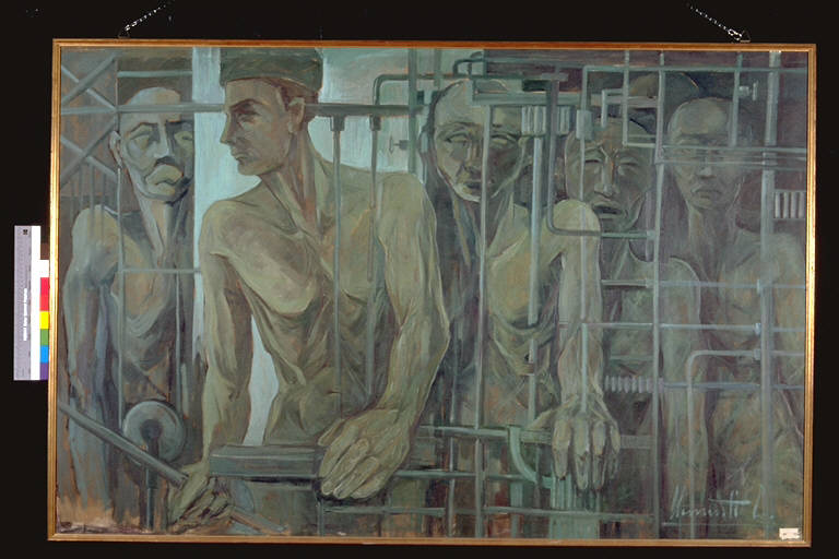 Uomini e macchine, Figure maschili a torso nudo al lavoro presso macchinari (dipinto) di Clementi, Carla (terzo quarto sec. XX)