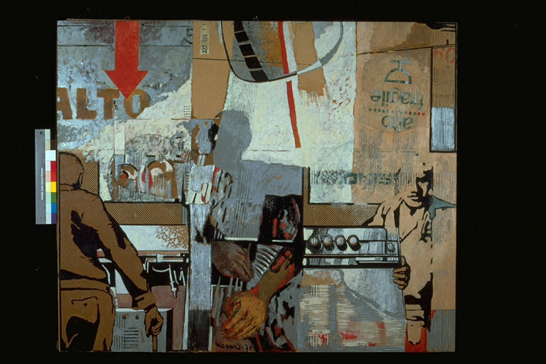 Dalla parte dei vichinghi, Collage di vari tipi di carta con figure umane dipinte (dipinto) di Vincenzi, Carlo (terzo quarto sec. XX)