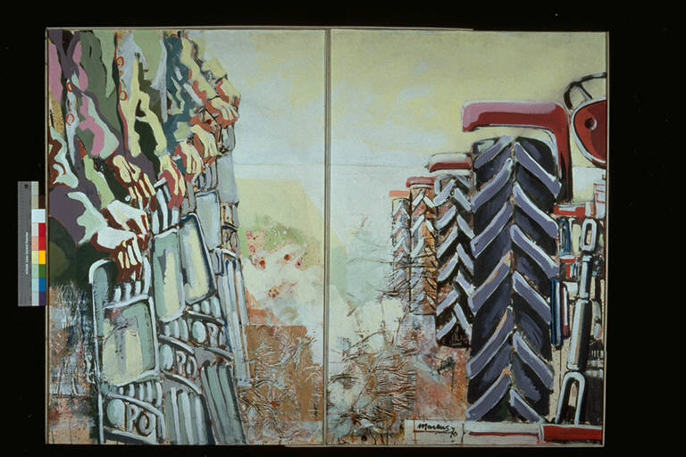 Situazione 1970, Schieramento di polizia contrapposto a fila di trattori agricoli (dipinto) di Bondioli, Marco, (Marcus) (terzo quarto sec. XX)