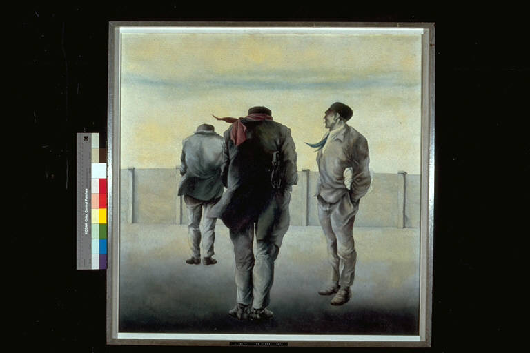 Tre operai, Due figure maschili di spalle ed una di profilo (dipinto) di Biffi, Luigi (terzo quarto sec. XX)