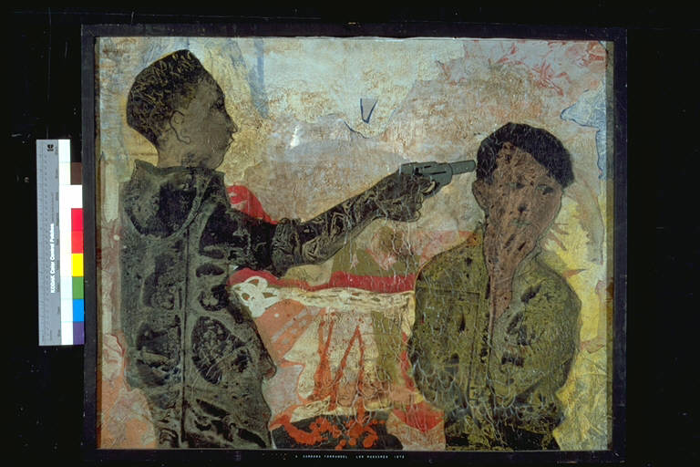 Los masacres, Una figura maschile punta una pistola alla tempia di un'altra figura (dipinto) di Cardona, -, Torrandell, Armando (terzo quarto sec. XX)