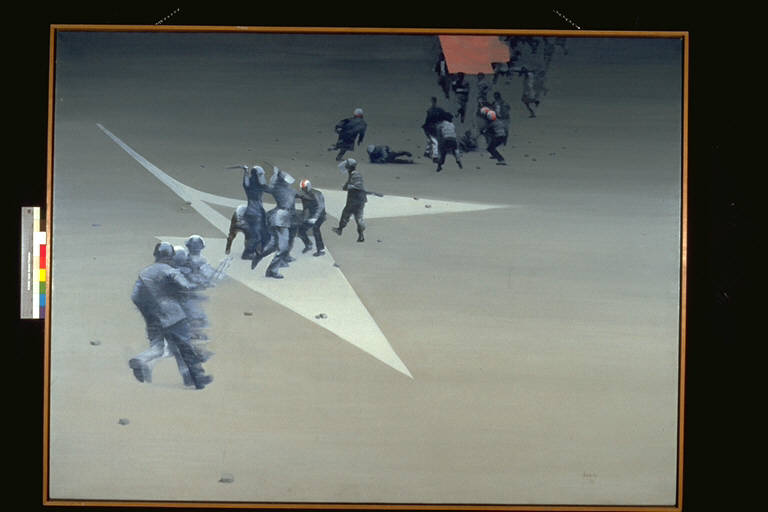 Bivio, Scontro tra polizia e dimostranti al centro di un simbolo di segnaletica orizzontale di bivio (dipinto) di Boschi, Dino (terzo quarto sec. XX)