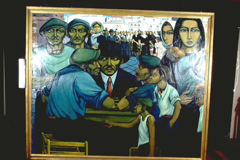 Omaggio a Di Vittorio, Figure sedute ad un tavolo; sullo sfondo, folla di persone in piedi (dipinto) di Scivales, Armando (terzo quarto sec. XX)