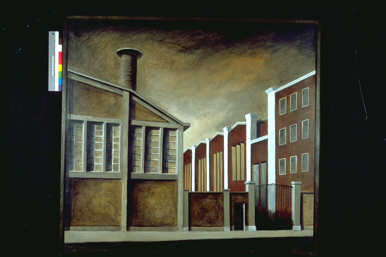 Centrale termoelettrica, Veduta con capannoni industriali (dipinto) di Petrus, Marco (ultimo quarto sec. XX)