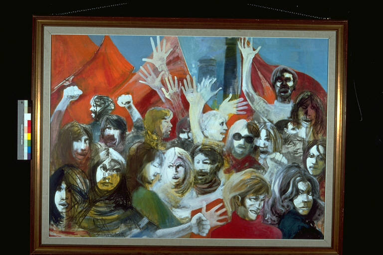 1° maggio, Folla giubilante con bandiere rosse (dipinto) di Motti, Giuseppe (terzo quarto sec. XX)
