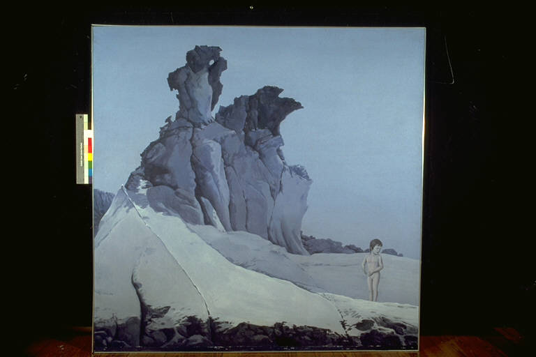 Francesco tra gli scogli di Ponza, In un paesaggio roccioso, un bambino nudo stante (dipinto) di Guida, Gino (terzo quarto sec. XX)