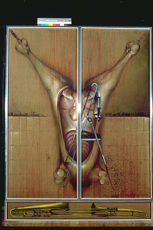 Il manzo, Bovino squartato appeso, con scala davanti (trittico dipinto) di Gualerzi, Mirco (ultimo quarto sec. XX)