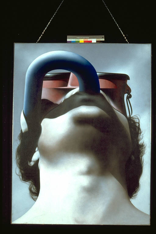 Sub, Testa umana volta all'insù con bocchettone e maschera da sub (dipinto) di Titonel, Angelo (terzo quarto sec. XX)