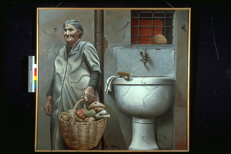 Dedicato a Romolo Garini, Figura femminile con cesto di ortaggio accanto ad un lavabo (dipinto) di Toninelli, Gianni (terzo quarto sec. XX)