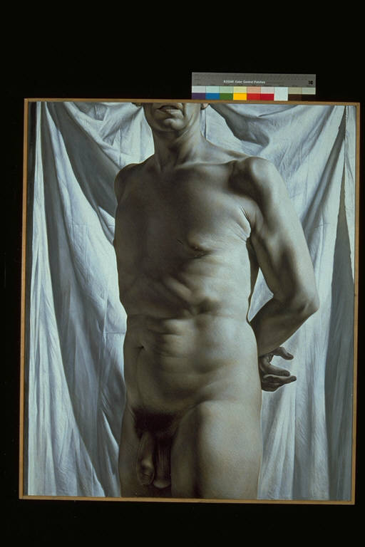 S Sebastiano, Figura maschile nuda, rappresentata dall'altezza della bocca alle cosce, con mani dietro alla schiena (dipinto) di Bottoni, Maurizio (ultimo quarto sec. XX)
