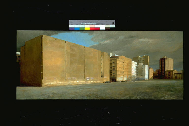 Villa Joyosa, Veduta urbana con automobili (dipinto) di Ibanez, Jesus (ultimo quarto sec. XX)