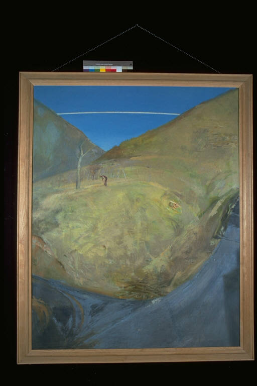 Paesaggio, Paesaggio di vallata con contadino al lavoro (dipinto) di Michielin, Francesco (ultimo quarto sec. XX)