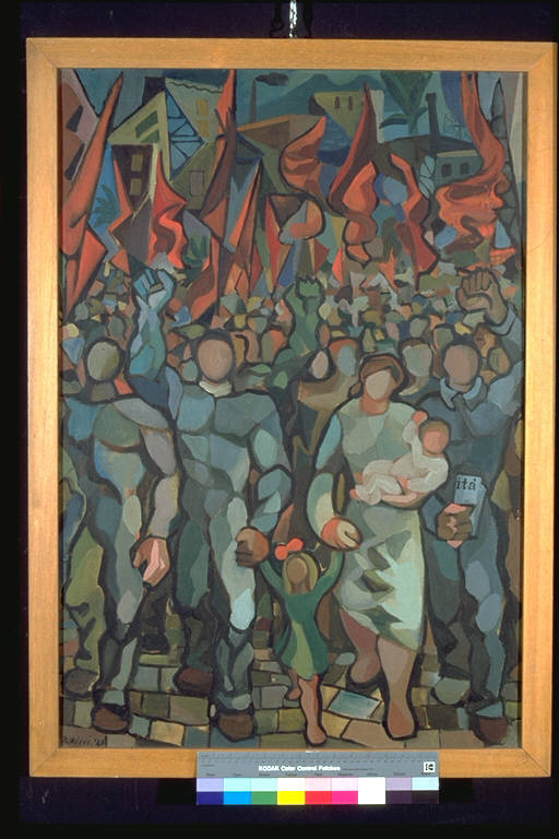 1° maggio, Folla di manifestanti con bandiere rosse (dipinto) di Ricci, Paolo (secondo quarto sec. XX)