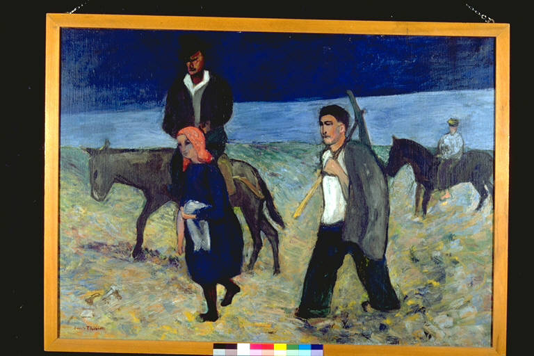 La lunga strada, Quattro contadini, di cui due a cavallo, in marcia (dipinto) di Treccani, Ernesto (terzo quarto sec. XX)