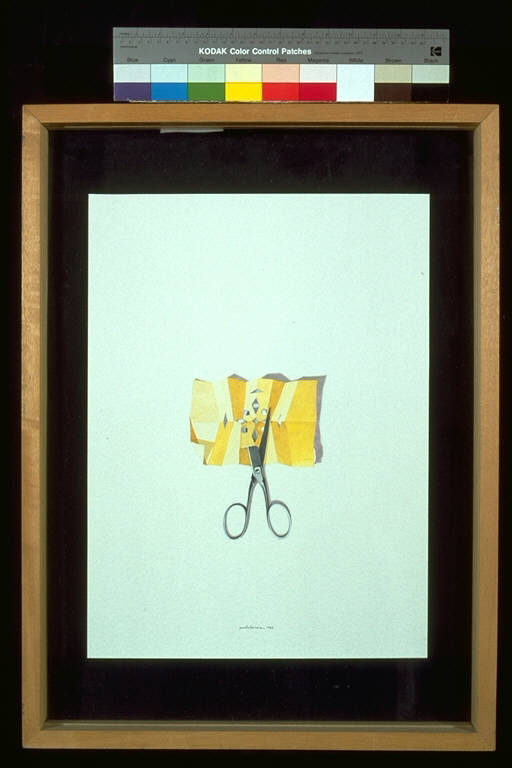 Una forbice taglia un foglio pieghettato (dipinto) di Bonora, Paola (ultimo quarto sec. XX)