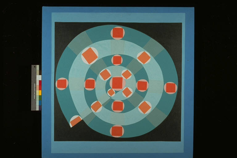 Grande elemento spiraliforme nei toni del verde acqua , con all'interno quadrati arancioni in tondi bianchi (dipinto) di Occhipinti, Alvaro (ultimo quarto sec. XX)