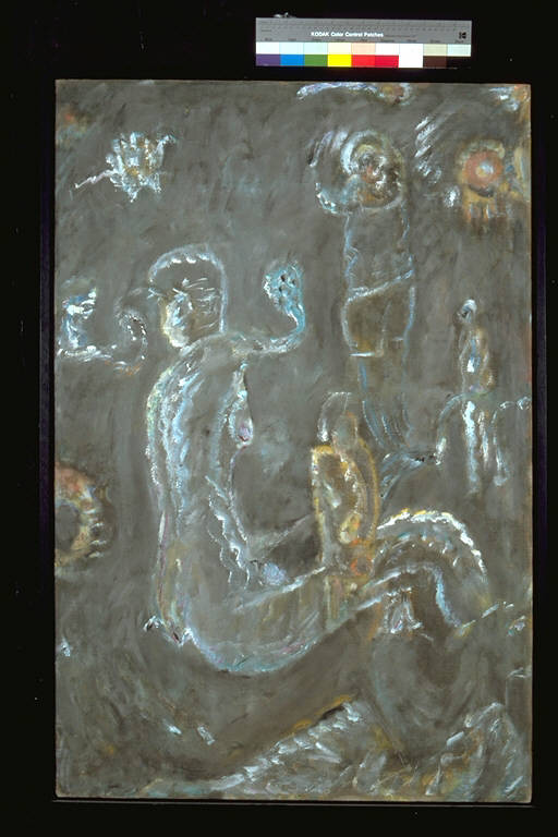 Figure, Una figura femminile centrale seduta, attorno, altre figure e elementi vari (dipinto) di Pauletti, Gabriella (ultimo quarto sec. XX)