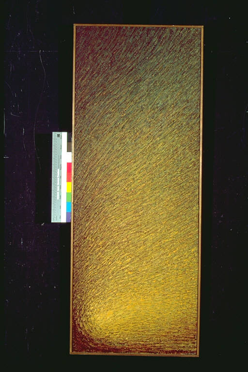Agosto, Bagliori iridescenti che, da un nucleo giallo, degradano verso il verde scuro (dipinto) di Soccol, Giovanni (ultimo quarto sec. XX)