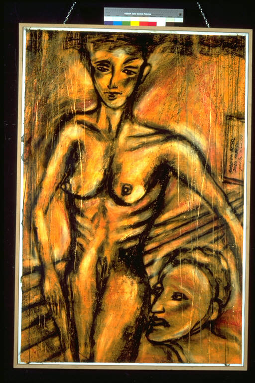 Solo un beso, solo un beso, Figura femminile nuda; una testa maschile accanto ai suoi fianchi (dipinto) di Paz, Julio (ultimo quarto sec. XX)
