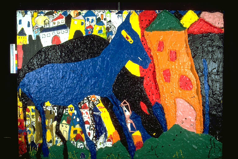 Cavalli, Due cavalli giganteschi accanto a caseggiati, il tutto in pongo; sullo sfondo, altri caseggiati dipinti (altorilievo) di Tomboloni, Sandra (ultimo quarto sec. XX)