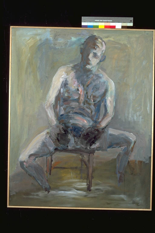 Pugile all'angolo, Figura maschile, con indosso i guantoni, seduta (dipinto) di Crociani, Nino (ultimo quarto sec. XX)