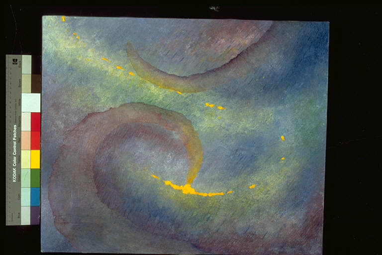 Vortici in tinte pastello; sopra, dripping in giallo (dipinto) di Costantini, Sonia (ultimo quarto sec. XX)