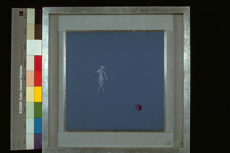 Fauno, Un piccolo fauno, sospeso in una campitura azzurra, guarda un cubo viola (dipinto) di Calzetti, Gabriele (ultimo quarto sec. XX)