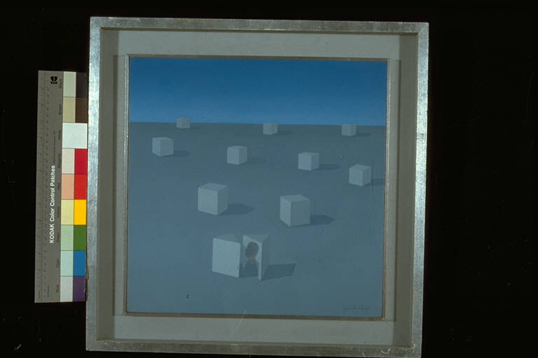 Deucalione, Cubi bianchi disposti su di una superficie grigia; in primo piano, due prismi affrontati, su uno dei quali vi è l'ombra di un profilo maschile (dipinto) di Calzetti, Gabriele (ultimo quarto sec. XX)