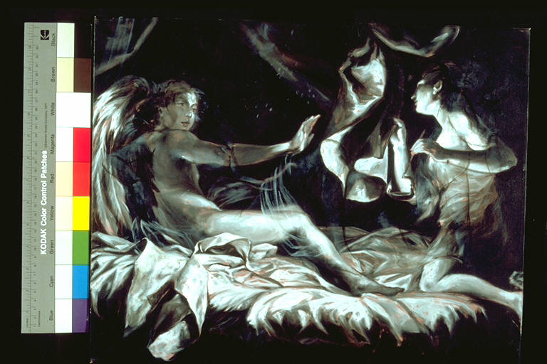 Psiche scopre Danae, Figura alata nuda sopra un letto in atto di allontanare una figura femminile con lanterna che si sta avvicinando (dipinto) di Pulini, Massimo (ultimo quarto sec. XX)
