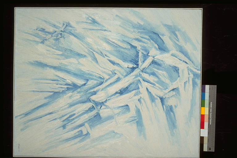 Ragazza che scrive II, Figura resa tramite segni obliqui e corposi, in bianco ed azzurro (dipinto) di Ruberti, Ada (ultimo quarto sec. XX)