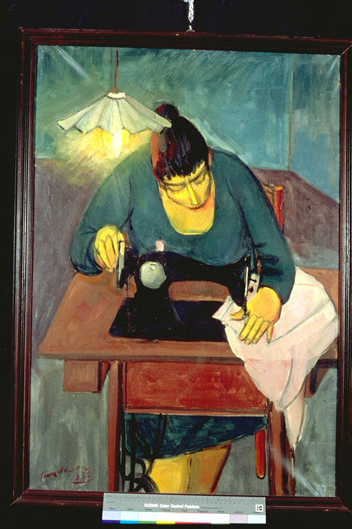La cucitrice, Figura femminile al lavoro sulla macchina da cucire (dipinto) di Consolazione, Giovanni (terzo quarto sec. XX)