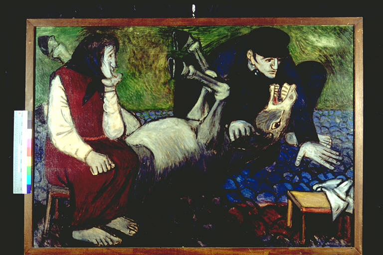 La bestia morente, Una coppia di contadini assiste un'asino agonzzante (dipinto) di Mucchi, Gabriele (terzo quarto sec. XX)