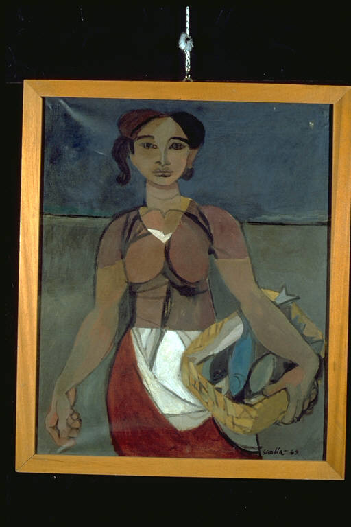 Venditrice di pesce, Figura femminile con cesta di pesce (dipinto) di Scordia, Antonio (secondo quarto sec. XX)