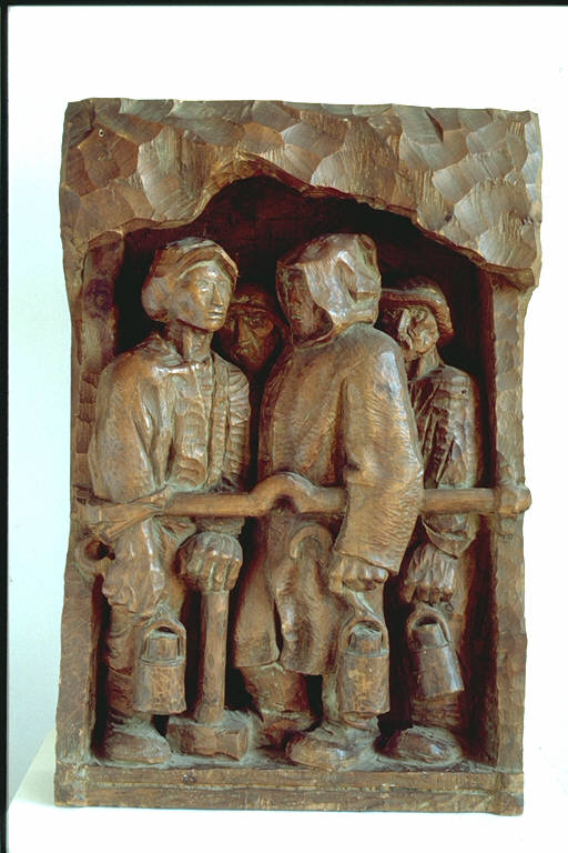 I minatori, Figure maschili con attrezzi da lavoro (altorilievo) di Murer, Augusto (terzo quarto sec. XX)